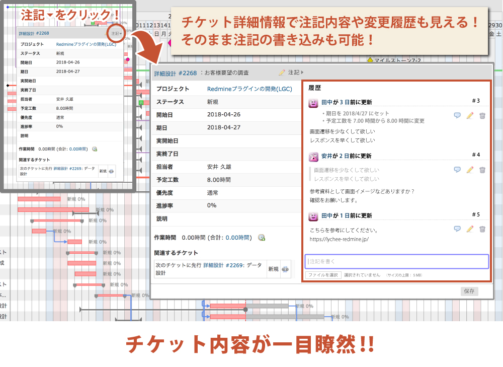 ガントチャートでチケットの注記や変更履歴が見える!