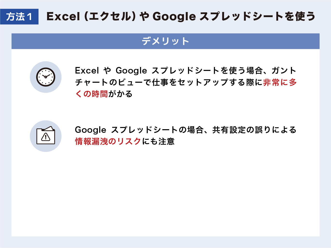 方法1: ExcelやGoogleスプレッドシートを使うときのデメリット。大量の時間がかかる点と、共有設定の誤りによる情報漏洩リスクに注意。