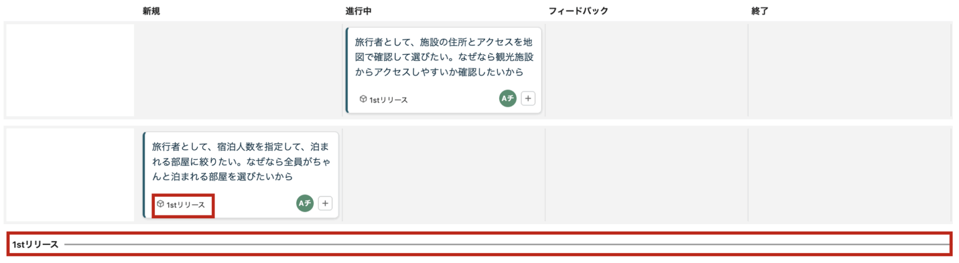 Neoカンバン。リリースラインの区切り行がボード上に表示されている