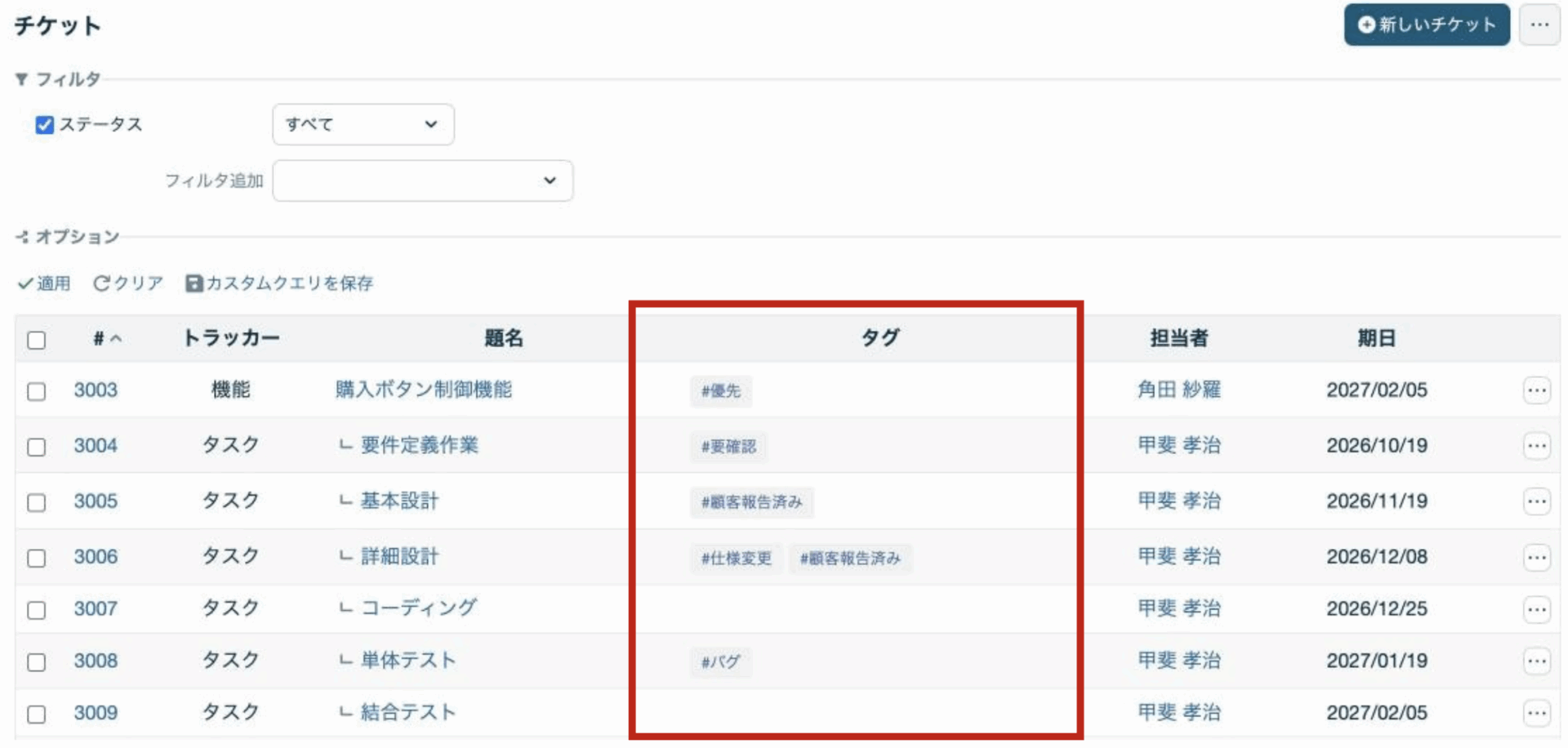 チケット一覧でのタグの見え方